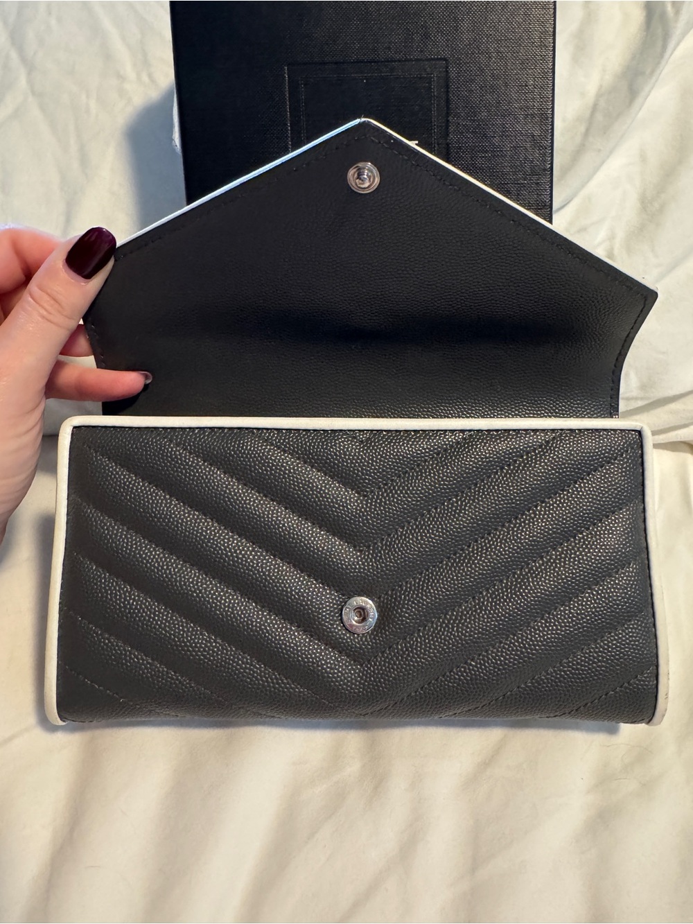 Saint Laurent Black Leather Long Wallet with White Trim - Picture 3 of 9